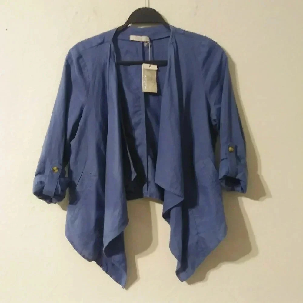 Dalia Linen/Cotton Blue Asymmetrical Open Jacket‎